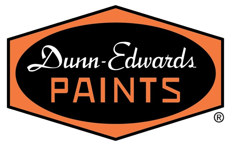 A logo displaying "Dunn-Edwards PAINTS" in white and orange text within an orange-bordered black hexagon, conveying a classic and professional tone.
