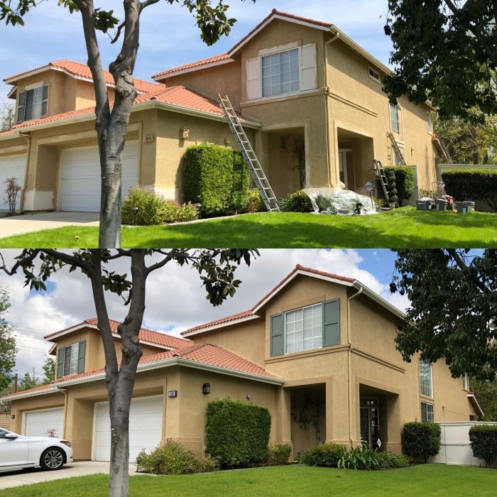 Split image of a beige house with red roof; the top shows a ladder and materials as the house is painted, while the bottom shows the completed, refreshed exterior.