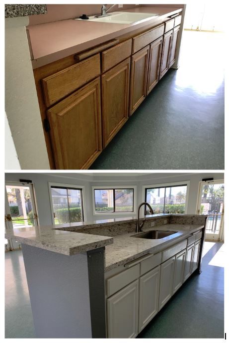 Top: Outdated kitchen with dark wood cabinets and pink countertop. Bottom: Modernized bright kitchen, white cabinets, granite countertop, new faucet, airy feel.