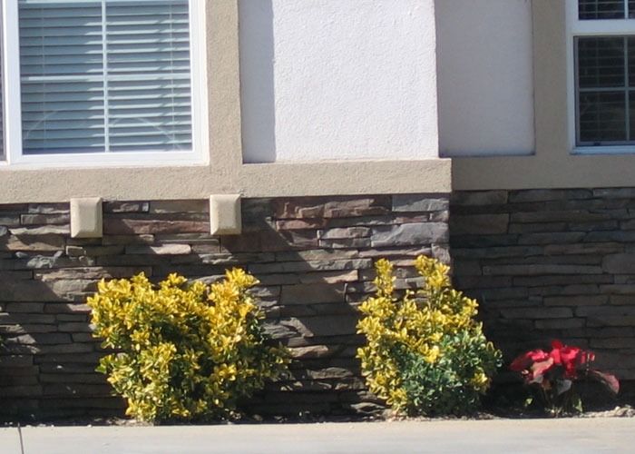 The image shows a house exterior with a mix of white and stone walls. In front, there are two yellow-green bushes and a small red plant. The scene is bright and sunny.