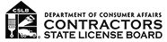 Logo for the Department of Consumer Affairs Contractors State License Board, featuring a stylized building icon and bold black text on a white background.